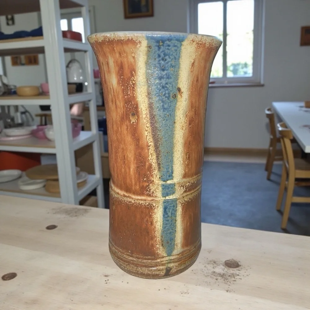 Handmade Vintage Scandinavian Rustic Ceramic Vase – Brown & Blue Glazed Pottery